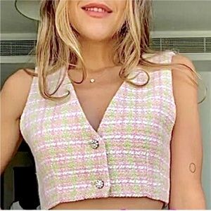 Zara Tweed Crop Pink Green Vest